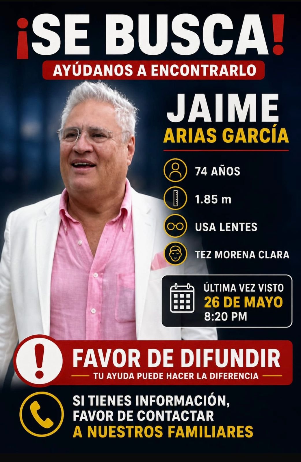 Desaparece Jaime Arias García, 74 años, en San Gabriel, Jalisco